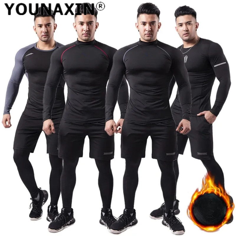 Yoga Fitness Training - 3 ピース男性ぬいぐるみ暖かいスポーツスーツサーマル T シャツ冬のトレーニングランニングショーツタイツパンツヨガベースフィットネス衣類セット