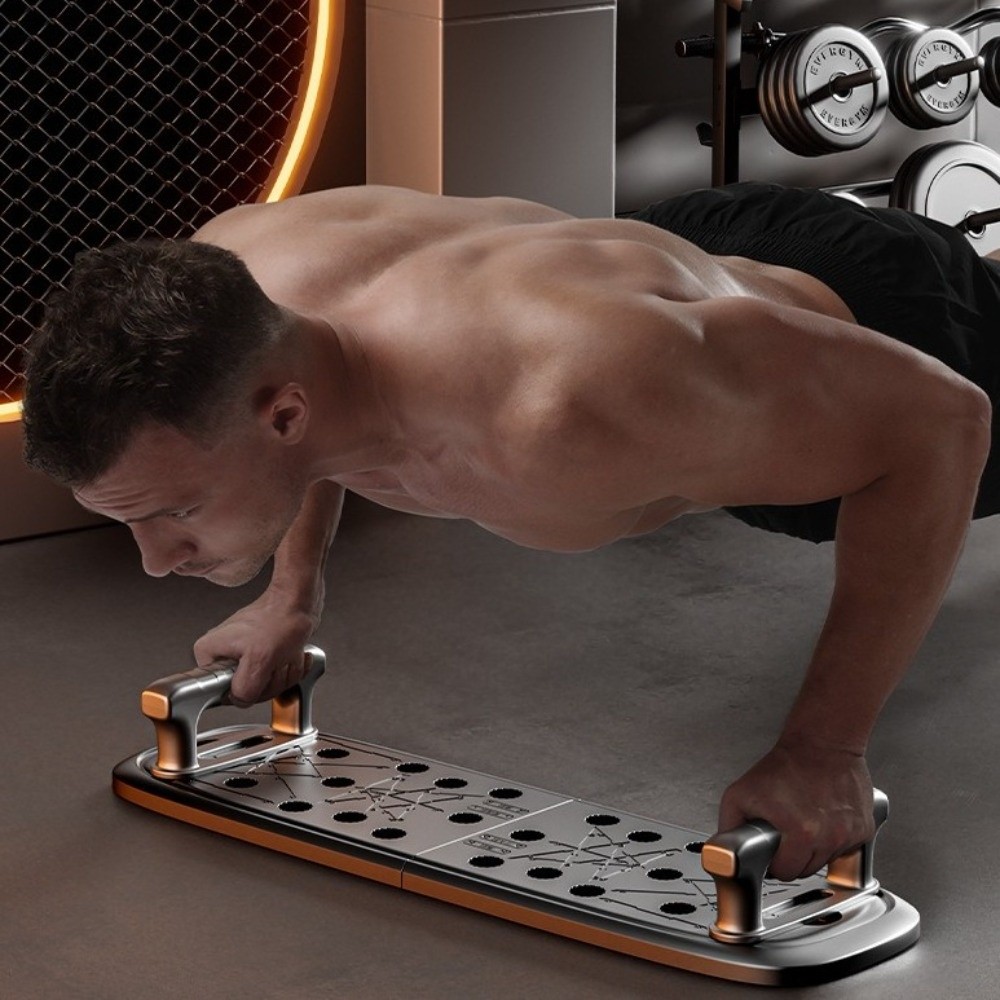 Push Up Board - ハンドル付きのプッシュアップボード。持ち運び可能で滑り止め加工が施されており、筋力トレーニングに最適。折りたたみ式で、ご自宅での使用に便利。